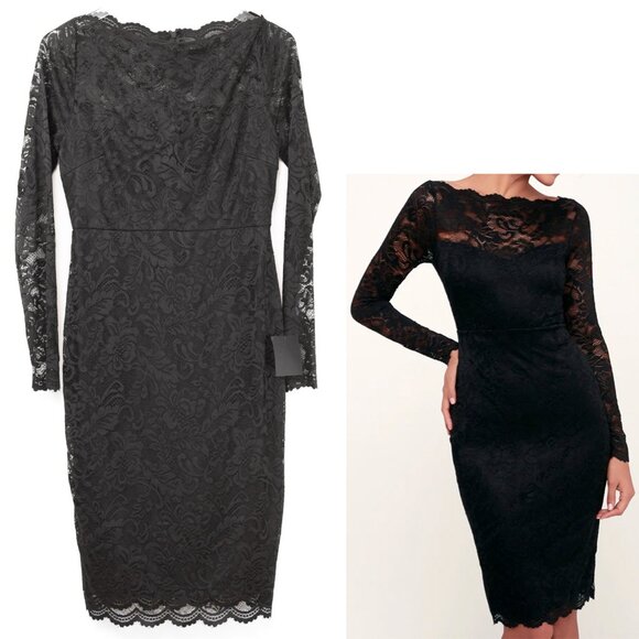 Lulus Dresses & Skirts - Lulus Margalo Dress Lace Long Sleeve Bodycon Midi Cocktail Black Size Large New